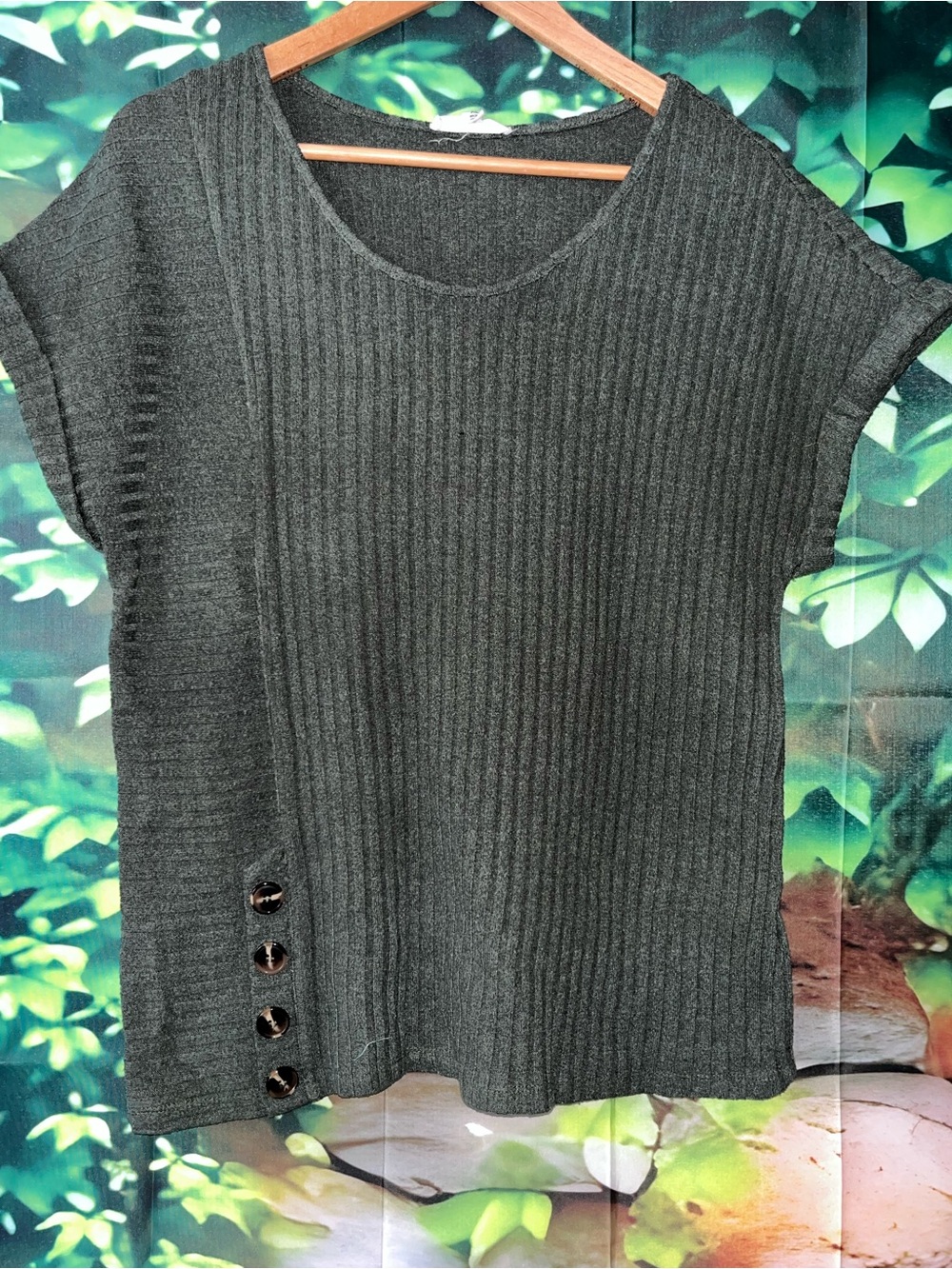 Ribbed Short Sleeve Knit Top in Olive Green